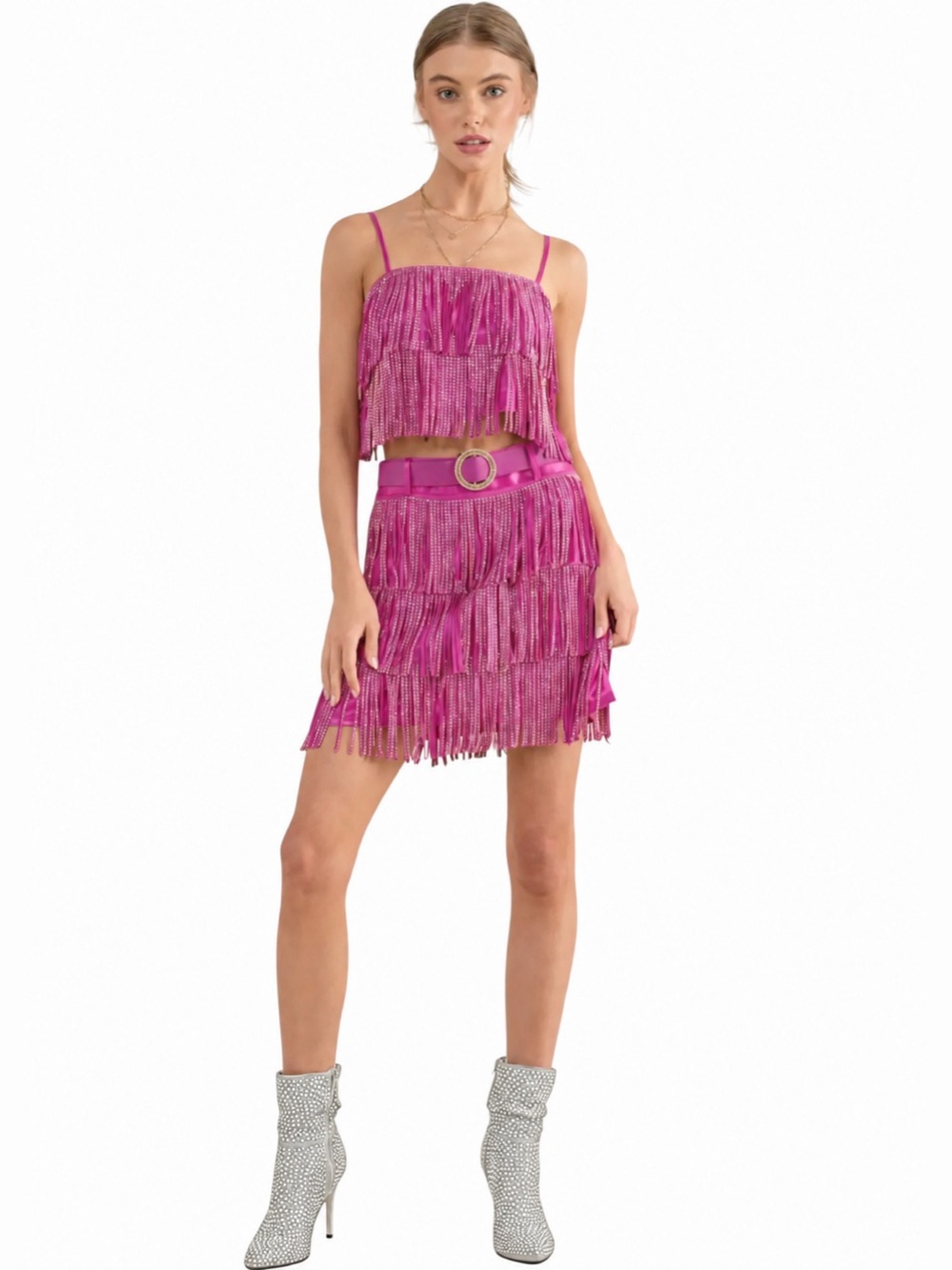 NEW blue b Hot Pink Satin Faux Suede Aurora Borealis Fringe Western Mini Skirt